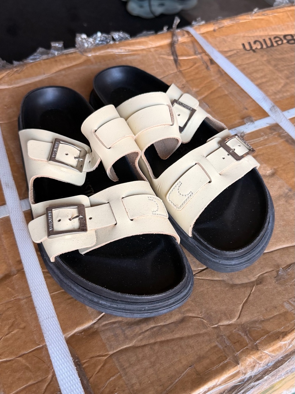 Birkenstock St. Barths Cream Dual-Buckle Slide Sandals with Black Footbed